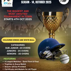 We present the RKade Premier League, our flagship youth cricket tournament. This poster details the professional format, including colored dresses, white ball matches, and multiple age categories, ensuring a premier experience for every player.