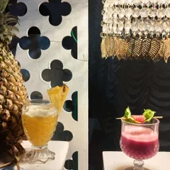 We focus on fresh ingredients and beautiful presentation. On the left, a refreshing pineapple-based drink, and on the right, a vibrant watermelon and basil mocktail, each perfectly garnished.