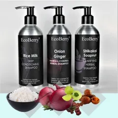 Here is our full range of herbal shampoos, featuring Rice Milk, Onion Ginger, and Shikakai Soapnut. Each is designed to tackle specific hair concerns using the power of natural ingredients.