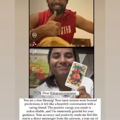 It was a pleasure connecting with celebrity client Aswath for a personal tarot session. This image captures the positive energy of our reading, which he described as a heartfelt conversation with a caring friend. I'm grateful to be a messenger for the universe and provide guidance that feels supportive and clear.