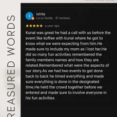 This review is incredibly special. The bride mentioned how I made sure to include her late mother's memory in the event. It's these personal touches that fuel my passion.