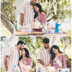 A collage of celebratory moments. These photos show the couple cutting the cake, sharing a kiss, and enjoying their beautifully decorated baby shower.