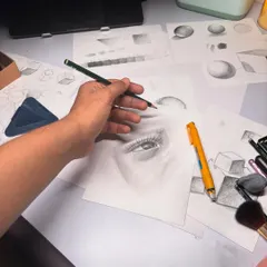 A snapshot of my desk during a practice session. You can see my studies of basic shapes like cubes and spheres right next to a more detailed eye drawing.