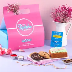 A beautiful shot of our Rakhi hamper, complete with a teacake, cookies, and traditional roli-chawal. It’s everything you need for the ceremony.