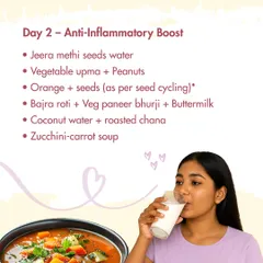 Day 2 of the PCOS/PCOD plan is an anti-inflammatory boost. It includes jeera methi seeds water, vegetable upma, and a dinner of zucchini-carrot soup. These foods help reduce bloating and support your body's natural healing.