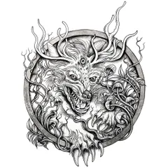 A finished design of the mythical wolf Fenrir, reimagined with surreal elements like a third eye and mushroom growths. This style of black and white mythological creature art translates powerfully into a tattoo, especially for a calf or shoulder piece.