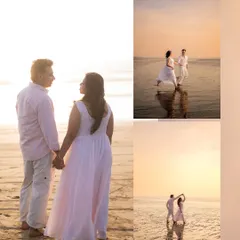 An artistic collage from a beach pre-wedding session, focusing on the couple's silhouette against the sunset and their reflections in the wet sand.