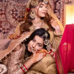 Moments from our Heeramandi-inspired shoot. These images showcase the intricate details of the makeup, hair, and styling, capturing the mood and opulence of the era.