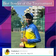 Pratiksha C, named Best Bowler of the Tournament at the Six Xmas Women's Cup. Her success is a result of disciplined practice and expert coaching.