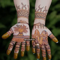 The finished Vat Savitri design. I take great care to ensure the figures and scenes are clear and detailed, making your festive mehendi a true piece of art.