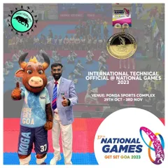 As an International Technical Official at the National Games 2023 in Goa, pictured here with the event mascot. It is an honor to contribute to the sport at such a prestigious event.