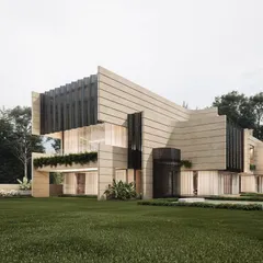 This render highlights our expertise in visualizing bold, minimalist architecture. We focus on the clean lines, the interplay of light and shadow on the stone facade, and the integration of greenery to produce a striking and photorealistic result.
