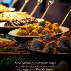 Whether it's a social gathering or a corporate event, I make every moment memorable with exceptional food. This close-up shows a variety of dishes on a buffet line, ready for guests to enjoy.