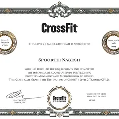 We are committed to professional development. Here is the CrossFit Level 2 Trainer Certificate for one of our coaches, Spoorthi.