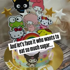 A vibrant Sanrio-themed cake featuring Hello Kitty, Kuromi, and friends. Using non-edible cutouts allows for a clean, colorful design that kids love.
