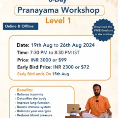 This is the informational poster for my 8-Day Pranayama Workshop, available both online and at my center in Bengaluru. The course is designed to systematically introduce you to the science of breath for stress reduction, improved focus, and overall well-being.