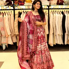 This maroon lehenga is a great example of the rich, detailed outfits you can rent for a wedding. The intricate patterns on the skirt, paired with a matching blouse and a beautifully bordered dupatta, create a complete and unforgettable bridal or guest look.
