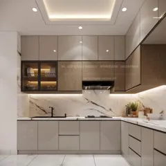 A luxurious L-shaped kitchen combining beige and wood-finish cabinets with a stunning marble backsplash. The design includes a glass-fronted cabinet and a false ceiling with integrated lighting.