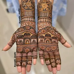 A gorgeous Indian floral design. This style uses bold flower motifs combined with architectural elements like palace windows and fine latticework for a unique, figure-free look.
