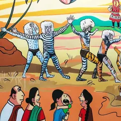 A close-up detail of the Pilivesha dancers from the office mural. You can see the dynamic poses and expressions of the performers and the audience, capturing the excitement of this traditional Mangalorean street performance.