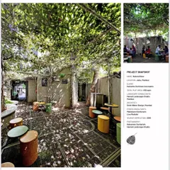This published feature shows the project in detail. The design creates a cocoon of plants for customers, using light and shadow from the overhead trellis to create a dramatic garden experience.