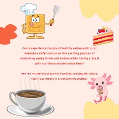 An illustration that captures our food philosophy. We are the perfect place for families seeking delicious, nutritious meals in a welcoming setting, from fluffy waffles and hot coffee to delightful cakes.
