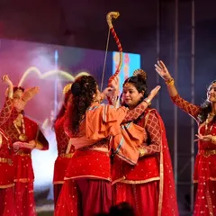 A dramatic moment of storytelling from our 'Draupadi' dance drama. We use props, lighting, and choreography to bring ancient tales to life, giving students a deep appreciation for narrative performance.