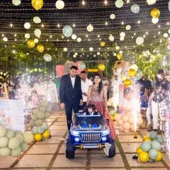 Making a grand entrance at Eshaan's safari party. The birthday boy arrives in style in his own mini jeep, creating a spectacular and memorable moment.