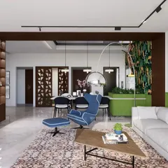 This home is a multitasking superstar. The living room, dining area, and staircase all exist in one continuous line, unified by a shared view of the outdoors. Each zone is defined by its own furniture and function, creating a harmonious flow throughout the space.