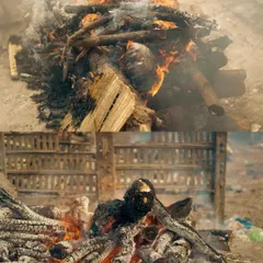 This series of images with text overlays explains the beliefs surrounding Manikarnika Ghat. They detail the path to liberation (moksha), the eternal flames, and Lord Shiva's role in guiding souls.