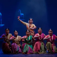 A powerful scene from 'Antariksha Sanchar', where my students and I enact the sequence of Surya and his celestial horses. This production combined classical dance with digital projections, telling an ancient story in a modern way.