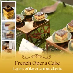 A true classic, our French Opera Cake is made with delicate layers of almond sponge, coffee buttercream, and chocolate ganache. It is one of the many international desserts we offer.