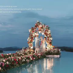 The most beautiful backdrop for a promise of forever. We designed this floating stage and floral arch to perfectly complement the serene beauty of the Kerala backwaters, ensuring the wedding ceremony felt both grand and intimately connected to nature.