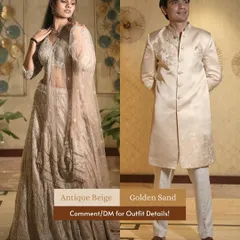 Earthy and elegant. This couple's look in antique beige and golden sand is perfect for a sophisticated day event or a warm, evening celebration.