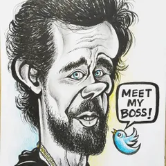 My caricature of Twitter founder Jack Dorsey, drawn to show appreciation for his billion-dollar donation to pandemic relief efforts. The little Twitter bird calls him "boss."