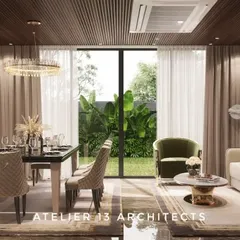 This open-plan living and dining area is designed for a modern lifestyle, with views of the garden. The dining set is positioned to feel connected to the lounge area, unified by a neutral palette and a shared wooden ceiling feature.