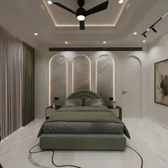 A different angle of this dreamy bedroom, showing the relationship between the arched headboard wall, the curved doorway, and the abstract art piece. Every element is chosen to create a sense of calm.