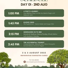The afternoon schedule for Day 1 of the festival, with sessions like 'A Poet's Journey' and 'Kaghzi Ishq', a puppetry performance.