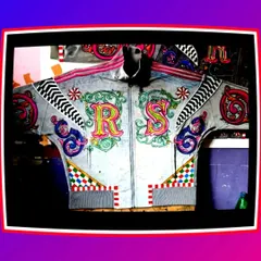 A jacket painted for Bollywood superstar Ranveer Singh. The design features his initials "RS" in a vibrant, decorative style.