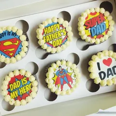 For Father's Day, I help you celebrate your hero with these fun, custom cupcakes. Each one features a unique "Super Dad" design, making it a sweet and personal way to show him you care.