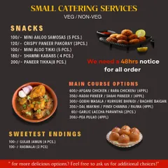 This is our special menu for small catering services, perfect for festive gatherings. It includes snacks, main courses, and sweets, with a 48-hour notice required for orders.