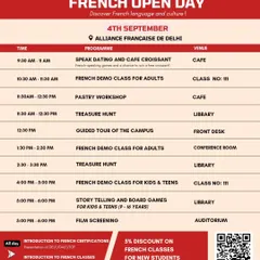 The detailed schedule for our French Open Day. This itinerary shows a full day of activities, including demo classes, a pastry workshop, a treasure hunt, and a film screening, showcasing the immersive experience we offer.