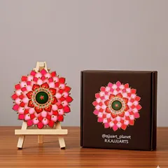A beautiful mandala in shades of red and pink, symbolizing love and passion. Like many of my smaller pieces, it is presented on an easel and comes packaged in a custom box.
