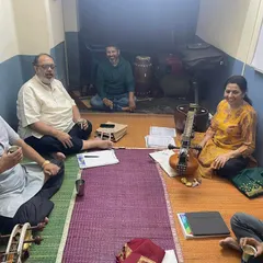 Here is a glimpse into a composition session for 'Meera Tarangini'. We gather in a small room, but the ideas and music are huge, involving talented musicians on various instruments.