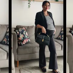 Here is the full look. I paired a classic blazer and striped top with comfortable yet professional flared trousers and loafers to create a polished maternity workwear outfit.