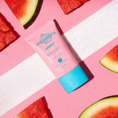 A clean, graphic composition for Aqualogica, combining the product with its core ingredient to create a bold and memorable image for e-commerce and digital ads.