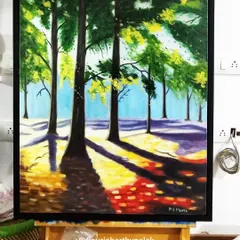 This forest landscape was an experiment with patchwork and creating a blurry effect in certain areas. I love how the sunlight pours through the trees, casting colorful shadows on the ground.