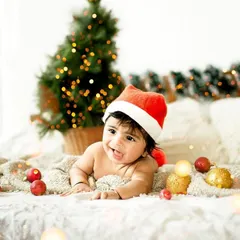 A happy baby enjoying our cozy Christmas setup. Wearing a Santa hat and surrounded by festive lights, his smile is infectious and full of holiday cheer.