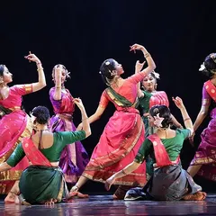 The beauty of a group choreography lies in its patterns and synchronicity. My Chithkala Ensemble performing a piece from "Ṛtú Vismruti," creating a visual poetry of movement on stage.
