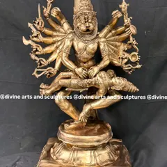 This Panchaloha icon of Ugra Narasimha captures the fierce and protective energy of Lord Vishnu's avatar. Crafting such a dynamic and multi-armed form requires immense precision, showcasing our mastery of the traditional Chola lost-wax casting method.
